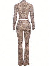 Street-Fashion Personality Line Print Mesh Turtleneck Long Sleeve & Flare Pants Set
